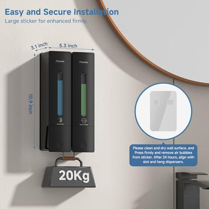 Shampoo Dispenser for Shower - Shower Soap Dispenser Wall Mounted No Drill - Shampoo Body Wash Dispenser 2 Chamber - Easy Install for Bathroom Hotel Black 800ml - color: Black