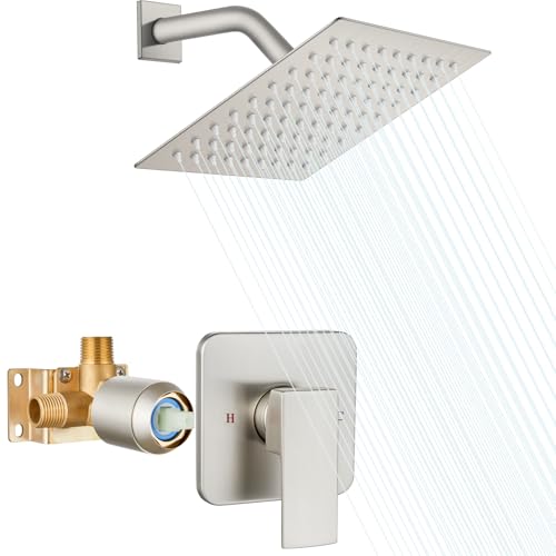 Heyalan 8-Inch Square Rain Shower Faucet Set with Valve, Brushed Nickel | SUS304 stainless steel shower head, male NPT 1/2-inch valve, single-handle control, adjustable angle, 1.8 GPM - color: Nickel