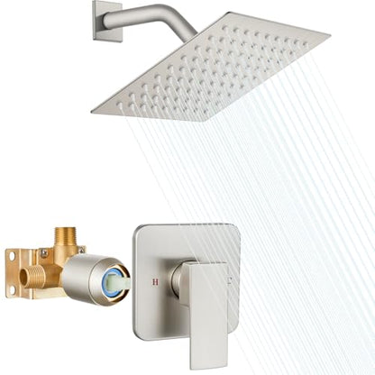 Heyalan 8-Inch Square Rain Shower Faucet Set with Valve, Brushed Nickel | SUS304 stainless steel shower head, male NPT 1/2-inch valve, single-handle control, adjustable angle, 1.8 GPM - color: Nickel