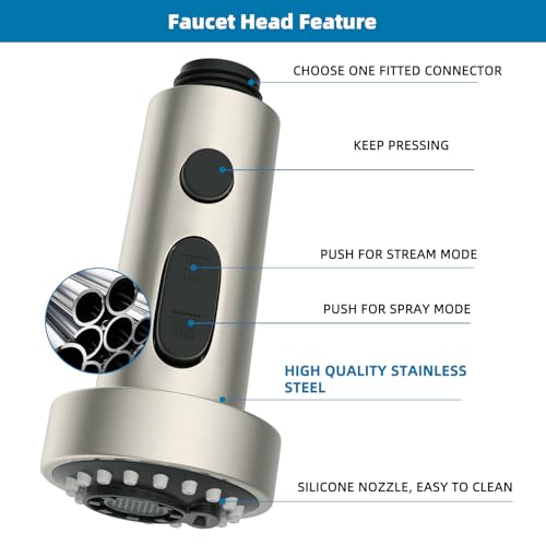 Universal Stainless Kitchen Faucet Head with 15 Adapter Kit, Brushed Nickel | NSF/ANSI/CAN 372 Certified, Compatible with American Standard/Kohler/Moen/Delta, 3 Function Pull Down Sink Faucet Spray Head - color: Brushed Nickel