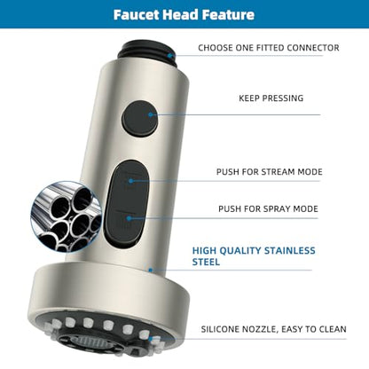 Universal Stainless Kitchen Faucet Head with 15 Adapter Kit, Brushed Nickel | NSF/ANSI/CAN 372 Certified, Compatible with American Standard/Kohler/Moen/Delta, 3 Function Pull Down Sink Faucet Spray Head - color: Brushed Nickel