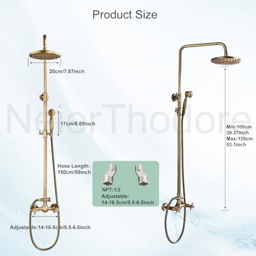 NeierThodore Antique Brass Bathroom Shower Faucet System Set 8 Inch Rainfall Shower Head Handheld Spray 2 Knobs Mixing - color: Antique Brass, size: 8 Inch 2 Modes