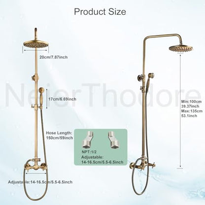 NeierThodore Antique Brass Bathroom Shower Faucet System Set 8 Inch Rainfall Shower Head Handheld Spray 2 Knobs Mixing - color: Antique Brass, size: 8 Inch 2 Modes