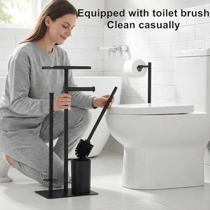 Stainless Steel Floor Standing Toilet Roll Paper Holder,Bathroom Toilet Brush and Paper Holder with Shelf and Wipe Holder (Toilet Paper Holder with Shelf)