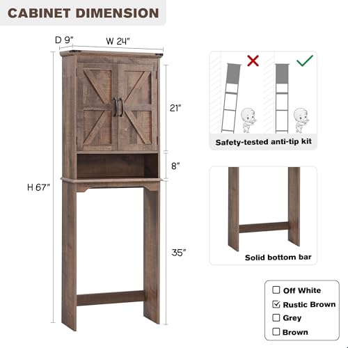 67" Farmhouse Over Toilet Storage Bathroom Cabinet, Rustic Brown | Double Barn Doors, Adjustable Shelf, Open Cubby, Weathered Finish - color: Rustic Brown