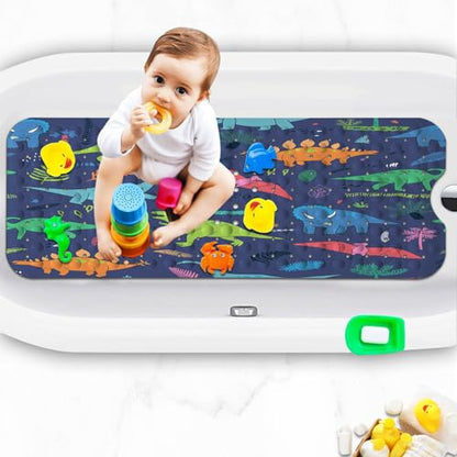 Bathtub Mats for Kids, Cartoon Blue Dinosaur Bath Mat for Tub Non Slip, 40 X 16 Inch Large Washable Bathtub Mat Non Slip for Showers with Drain Holes and Suction Cups - color: Blue Dinosaur