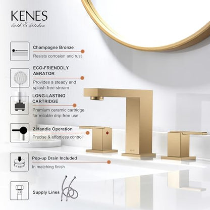 Champagne Bronze Widespread Bathroom Faucet 3 Hole Vanity Faucet | Bathroom Sink Faucet with Pop Up Drain & Supply Lines, Lead-Free cUPC & NSF Certified, 8 Inch Faucet for Vanity Restroom Sink - color: Champagne Bronze