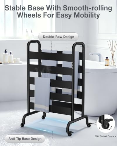 Freestanding Heated Towel Rack 10-Bar with Double Layer & Wheels | 400W Fast Heating Towel Warmer with 110–170°F Temperature Control, Timer & Auto Shut-Off, Matte Black Space Aluminum