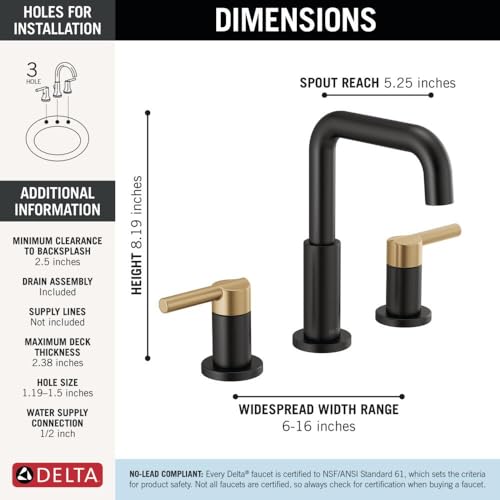 Delta Nicoli Matte Black/ Brushed Gold Faucet 3 Hole, 8 Inch Widespread Bathroom Sink Faucet for Vanity, Push-Pop Drain Assembly, Matte Black/ Champagne Bronze 35849LF-GZ - color: Matte Black/Champagne Bronze