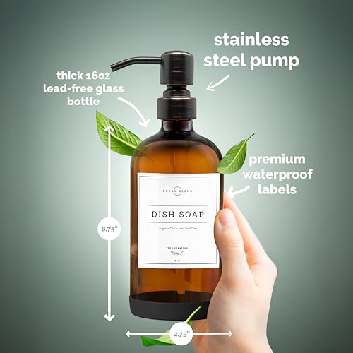 Vine Creations Amber Glass Soap Dispenser, 2 Pack Kitchen Soap Dispenser Set with Stainless Steel Pump, 16 oz Dish Soap and Hand Soap Dispensers for Bathroom with Waterproof Labels - color: Amber Bottle / Round Oil Rubbed Bronze Pump