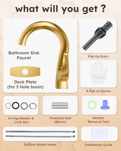 WOWOW Single Handle Bathroom Faucet 1 Hole High Arc Bathroom Basin Faucet Gold with Pop Up Drain, Solid Brass Commercial Bathroom Sink Faucet Basin Vanity Bar Faucet (Patented Product) - color: Gold