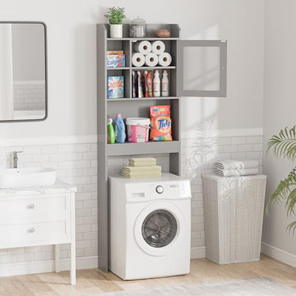 SUPER DEAL Over The Toilet Bathroom Storage Cabinet Freestanding Wooden Bathroom Organizer with Adjustable Shelves and Glass Door, Gray - color: Grey