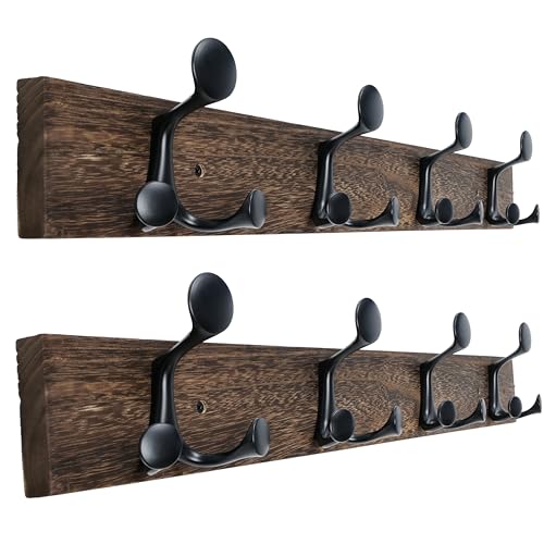 WEBI Coat Rack Wall Mount,24" Solid Wood Coat Hooks Wall Mounted Coat Hanger,16" Hole to Hole,Heavy Duty Hook Rack Rail,4 Triple Hooks for Hanging Coats,Jacket,Clothes,Hat,Weathered Brown,2 Packs - color: Weathered Brown, size: 24 Inch(2 Pcs)