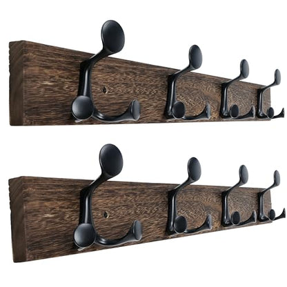 WEBI Coat Rack Wall Mount,24" Solid Wood Coat Hooks Wall Mounted Coat Hanger,16" Hole to Hole,Heavy Duty Hook Rack Rail,4 Triple Hooks for Hanging Coats,Jacket,Clothes,Hat,Weathered Brown,2 Packs - color: Weathered Brown, size: 24 Inch(2 Pcs)