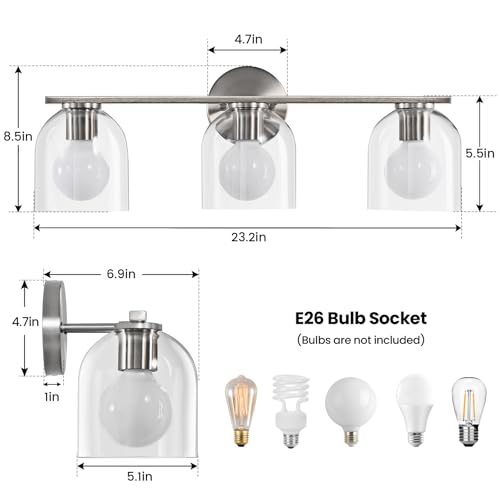 WOSHITU Bathroom Vanity Light Fixtures: 23.3 Inch Modern Brushed Nickel Bathroom Vanity Lights Over Mirror with Clear Glass Shade, 3-Light Farmhouse Vanity Lights Fixture - color: Brushed Nickel, size: 3-light