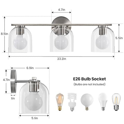 WOSHITU Bathroom Vanity Light Fixtures: 23.3 Inch Modern Brushed Nickel Bathroom Vanity Lights Over Mirror with Clear Glass Shade, 3-Light Farmhouse Vanity Lights Fixture - color: Brushed Nickel, size: 3-light
