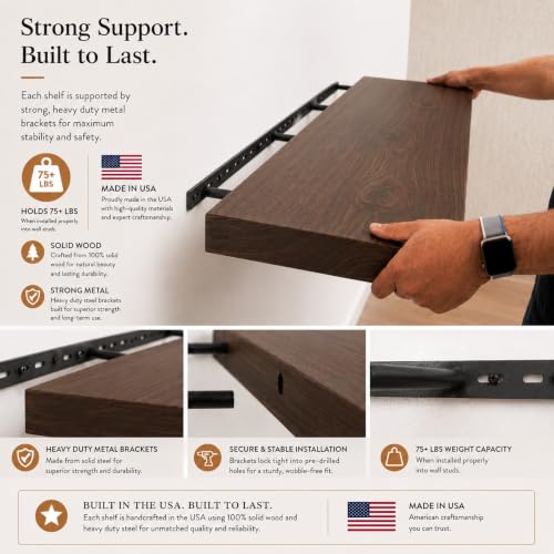 Floating Wall Shelves, Solid Natural Wood, Large and Small-Kitchen and Bathroom Shelf, Heavy Duty, Made in USA Set of 2 (Jacobean, 12Wx6D) - color: Jacobean, size: 12Wx6D