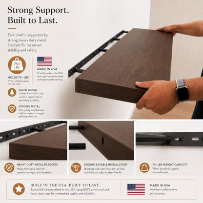 Floating Wall Shelves, Solid Natural Wood, Large and Small-Kitchen and Bathroom Shelf, Heavy Duty, Made in USA Set of 2 (Jacobean, 12Wx6D) - color: Jacobean, size: 12Wx6D