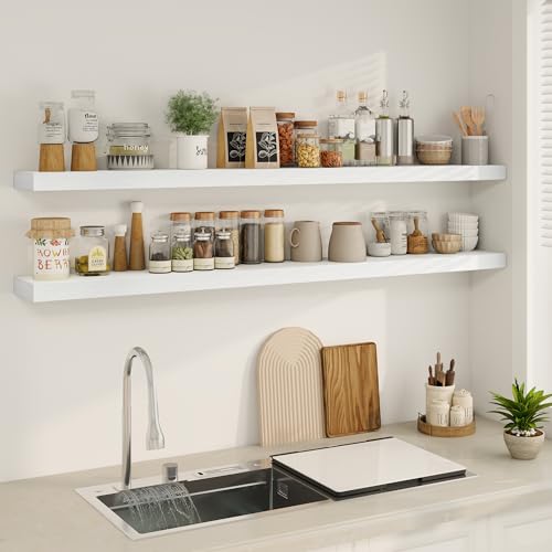 Fun Memories 66 Inch Fireplace Mantel - Long Floating Shelf, Wall Mounted Farmhouse Display with Invisible Heavy Duty Metal Bracket, White, 2 Pack - color: White, size: 67"W x 6.5"D