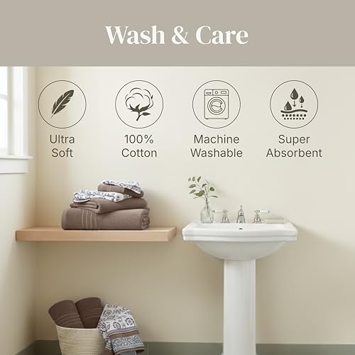 Modern Threads 6 Piece Bath Towel Set – Bathroom Set with 2 Bath Towels, 2 Hand Towels, and 2 Wash Cloths – 100% Cotton, Super Absorbent & Extra Soft – Reversible Floral Trail (Taupe Brown) - color: Taupe Brown