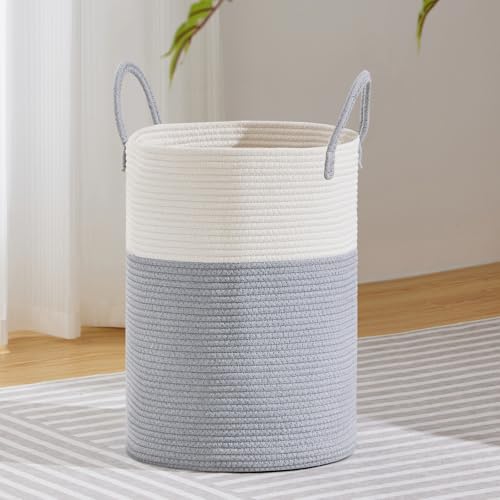 VIPOSCO 58L Tall Woven Laundry Basket Hamper, Grey White | Cotton rope laundry hamper, collapsible wicker basket, storage for blanket, toys, dirty clothes, for bedroom, bathroom - color: Grey, size: 58L