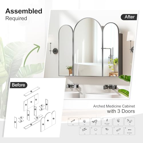 Triple Arched Black Medicine Cabinet, 3 Doors, 31X28Inch Surface Mount Bathroom Cabinet with Trifold Arched Mirror, Metal Edge - color: Brushed Black