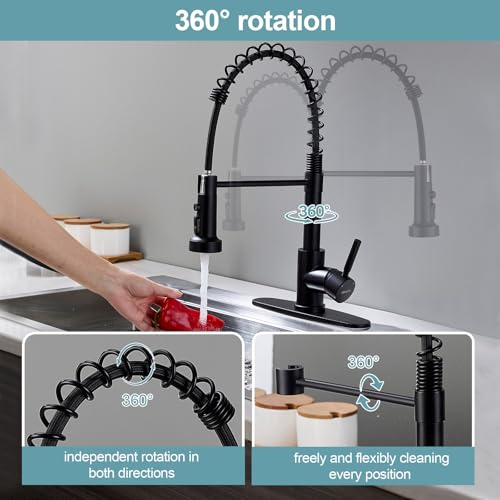 Kitchen Faucets with Pull Down Sprayer, Matte Black Stainless Steel Single Handle Pull Out Spring Sink Faucet, 3 Function Sprayer 1 or 3 Hole Deck Plate for Farmhouse Laundry Rv Bar - color: Matte Black, style: Classic