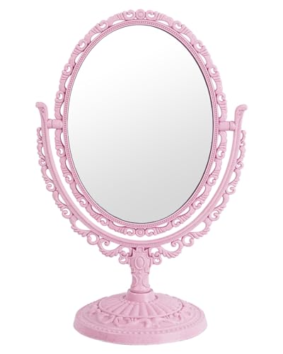 XPXKJ Pink Vintage Vanity Mirror Shabby Chic Decor | 360° Rotating Double-Sided Table Makeup Mirror with Stand Bedroom Decoration Perfect for Tabletop, Desk, Or Makeup Station - color: Nude Pink