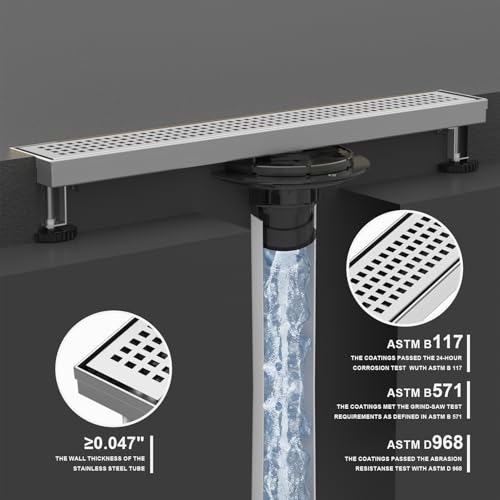 28 Inch Linear Shower Drain - Brushed Nickel, with Removable Grate | AISI 304 Stainless Steel Shower Drain, Long Rectangle Shower Floor Drain with Adjustable Feet, Fits Bathroom & Balcony etc - color: Brushed Nickel, size: 28 in