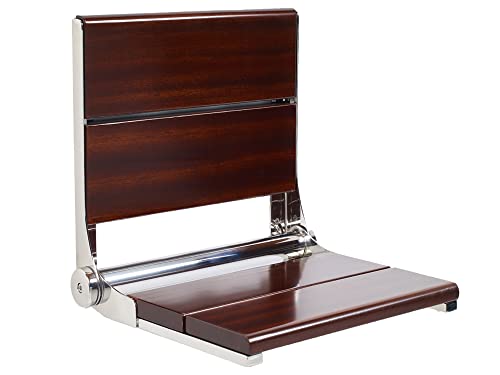 Folding Shower Seat Wall Mounted with Back | 500 lbs Maximum Load Capacity | ADA Compliant Safety Assist Teak Shower Seat for Seniors, Handicapped, and Children | 304 Stainless Steel Frame | 18” x 16” - color: Polished Chrome, Walnut, size: 18" x 16"