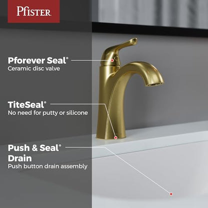 Pfister Willa Bathroom Sink Faucet Single Handle 1 Hole Brushed Gold Vanity Faucet with Push & Seal Drain NSF Certified WaterSense Compliant TiteSeal Technology LF042MALBG - color: Brushed Gold, size: 1 Pack