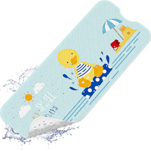 Baby Bath Mat for Tub Non Slip Kids, BPA Free Extra Long Bathtub Mat 40x16 with Drain Holes and 200 Suction Cups, Non Toxic Machine Washable Toddler Bath Mat, Eco-Friendly Certified - color: Light Blue Summer Duck