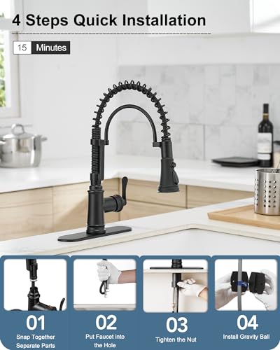 3-Function Kitchen Faucets with Pull Down Sprayer, 1 Hole or 3 Hole Kitchen Faucet Black, 1 Handle Kitchen Sink Faucets, 360 Degree Swivel Stainless Steel Faucet for Kitchen Sink with Deck Plate - color: Matte Black - Classic