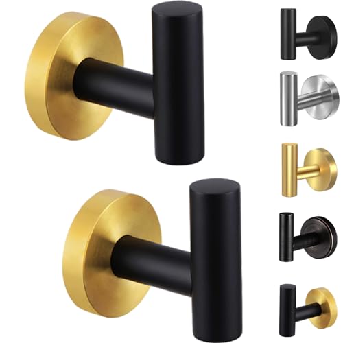Kruodop Towel Hooks for Bathroom,2 Packs Wall Mount Towel Holder,Blak Gold Matte Wall Robe Hook,Stainless Steel Heavy Duty Door Hanger Towel Hook for Kitchen, Bedroom,Hotel,Pool,Coats - color: 2pcs blackgold
