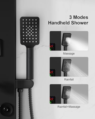 5 In 1 Shower Panel Tower System Stainless Steel Bathroom Panel Matte Black | LED Rain Waterfall Shower Head and Adjustable Massage Body Jets 3 Settings Handheld Head and Tub Spout by Homevacious - color: Matte Black