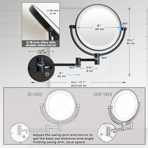 Wall Mounted Makeup Mirror with Light, 5X Magnification, Matte Black | Rechargeable, Extended Arm 360 Rotation,1X/5X, 2 Sided, 8" Bathroom Shaving Vanity, No Pre-Installed Wire, SEALANT FIX - color: Matt Black