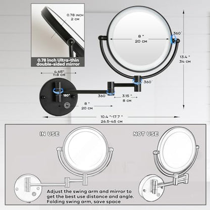 Wall Mounted Makeup Mirror with Light, 5X Magnification, Matte Black | Rechargeable, Extended Arm 360 Rotation,1X/5X, 2 Sided, 8" Bathroom Shaving Vanity, No Pre-Installed Wire, SEALANT FIX - color: Matt Black