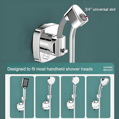 Suction Cup Shower Head Holder - Angle Adjustable Spring Arm, Flexible Wall Mount Shower Hose Holder, Removable Hand Held Shower Bracket with Vacuum Lock & Bonus Hook for Bathroom, Kitchen - color: Silver