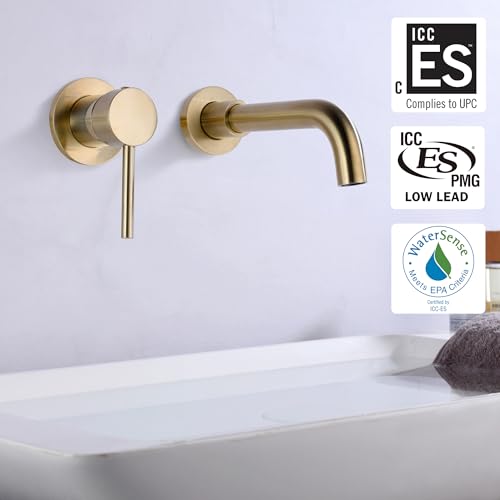 SUMERAIN Wall Mounted Bathroom Sink Faucet, Brushed Gold | 360°Swivel Spout, Lavatory Faucet, Left-Handed Single Handle, Includes Brass Rough-in Valve - color: Brushed Gold, size: Left-Handed