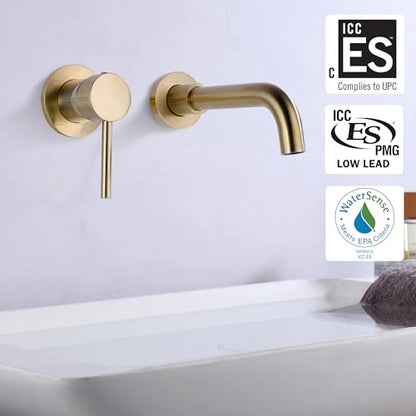 SUMERAIN Wall Mounted Bathroom Sink Faucet, Brushed Gold | 360°Swivel Spout, Lavatory Faucet, Left-Handed Single Handle, Includes Brass Rough-in Valve - color: Brushed Gold, size: Left-Handed