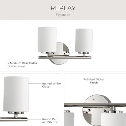 Replay Collection 2-Light Etched White Glass Modern Bath Vanity Light Polished Nickel - color: Polished Nickel, size: 2-Light