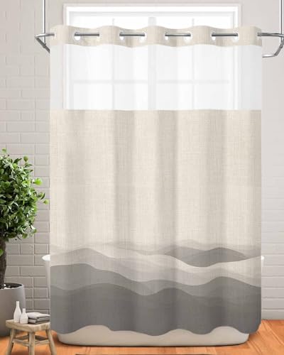 No Hook Shower Curtain and Snap in Liner Set, Grey Beige Ombre Long Bathroom Shower Curtains 72x84 Inch, See Through Mesh Top Window, Minimalist Ocean Waves Linen Hotel Style, Washable Waterproof - size: 72"W x 84"L (Pack of 1)
