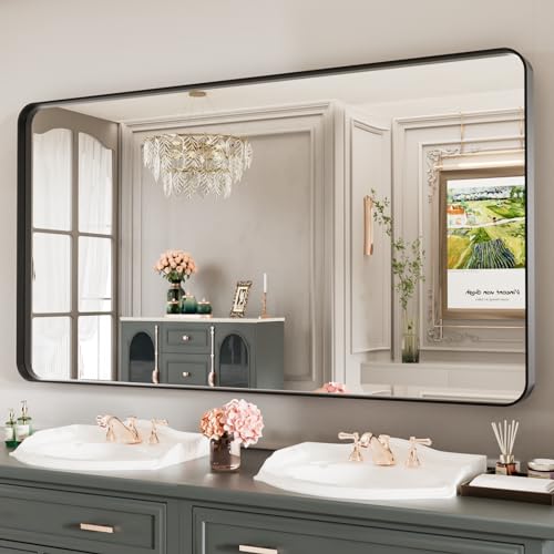 LOAAO Black Metal Framed Bathroom Mirror for Wall, Large 55X30 Inch Rounded Rectangle Mirror, Matte Black Bathroom Vanity Mirror Farmhouse, Anti-Rust, Tempered Glass, Hangs Horizontally or Vertically | Rounded Rectangle, Matte Black Bathroom Vanity Mirror