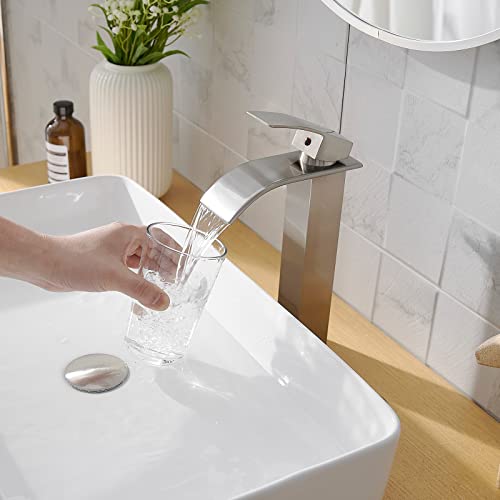 Brushed Nickel Bathroom Vessel Sink Faucet Modern Waterfall Vessel Faucet | Stainless Steel Tall 1 Hole Single Handle Vanity Lavatory Modern Commercial Mixer Tap With Pop Up Drain by BATHLAVISH - color: Brushed Nickel, size: Modern Vessel Sink Faucet