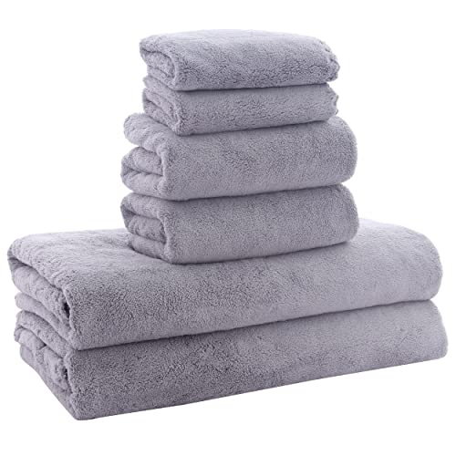 MOONQUEEN Ultra Soft Towel Set - Quick Drying - 2 Bath Towels 2 Hand Towels 2 Washcloths - Microfiber Coral Velvet Highly Absorbent Towel for Fitness, Bathroom, Sports, Yoga, Travel-Grey 6 Pcs - color: Grey