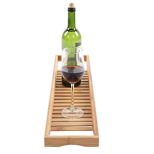 Bathtub Tray — Bath Storage Rack with Wine Glass Holder for Tub Accessories, Snacks, and Book, 27.3 Inch Length, Natural Wood Finish