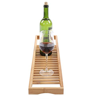 Bathtub Tray — Bath Storage Rack with Wine Glass Holder for Tub Accessories, Snacks, and Book, 27.3 Inch Length, Natural Wood Finish