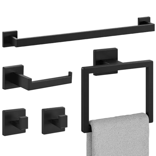 5-Pieces Matte Black Bathroom Accessories, 24 Inch Bathroom Hardware Set | SUS304 Stainless Steel Bath Towel Bar Set, Towel Racks for Bathroom Wall Mounted - size: 26 Inch (5 Pieces Simple)