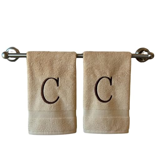 Beige with Brown Monogrammed Hand Towels for Bathroom - Set of 2 Letter C | Luxury Hotel Quality Initial Towels For Powder Room, Spa, GOTS Organic Certified - color: Beige With Brown, size: Initial C