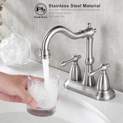 Brushed Nickel Bathroom Sink Faucet, Stainless Steel Centerset Antique Bathroom Faucet with Drain and Supply Hose,4 in Brushed Nickel Sink Faucet for Bathroom - color: Brushed Nickel